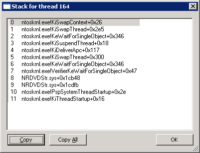 Stack trace of the NRDVDSTR.sys thread consuming most CPU time.